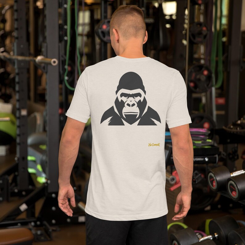 No Comment Gorilla T-Shirt - Abstract Animal Back Print, Gold Graffiti Tag, Minimalist White Unisex Tee