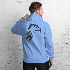 Abstract Eagle Hoodie, Minimalist Bird of Prey Back Print, Gold Graffiti Chest Tag, Unisex Pullover – No Comment image 3