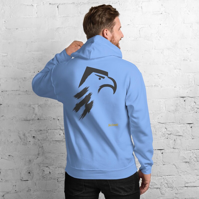 Abstract Eagle Hoodie, Minimalist Bird of Prey Back Print, Gold Graffiti Chest Tag, Unisex Pullover – No Comment image 3