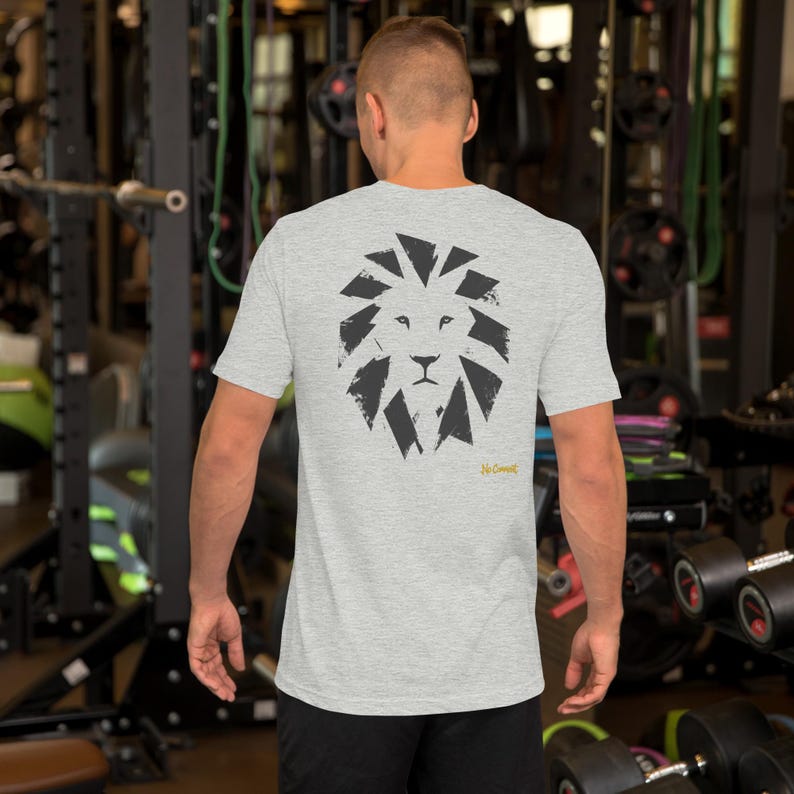 No Comment Lion Front T-Shirt - Abstract Animal Back Print, Gold Graffiti Tag, Minimalist White Unisex Tee