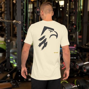 No Comment Eagle T-Shirt - Abstract Animal Back Print, Gold Graffiti Tag, Minimalist White Unisex Tee