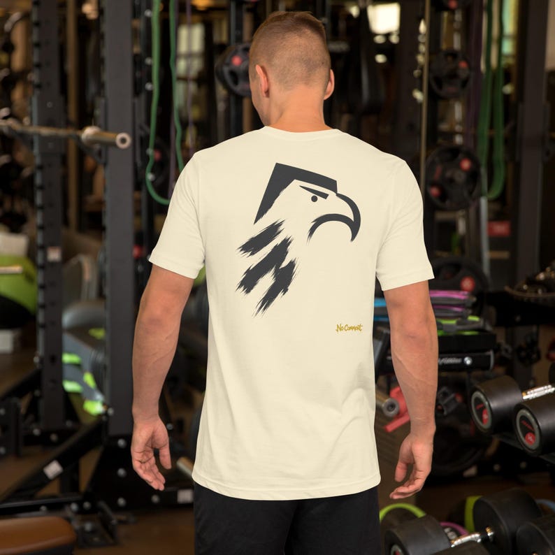 No Comment Eagle T-Shirt - Abstract Animal Back Print, Gold Graffiti Tag, Minimalist White Unisex Tee