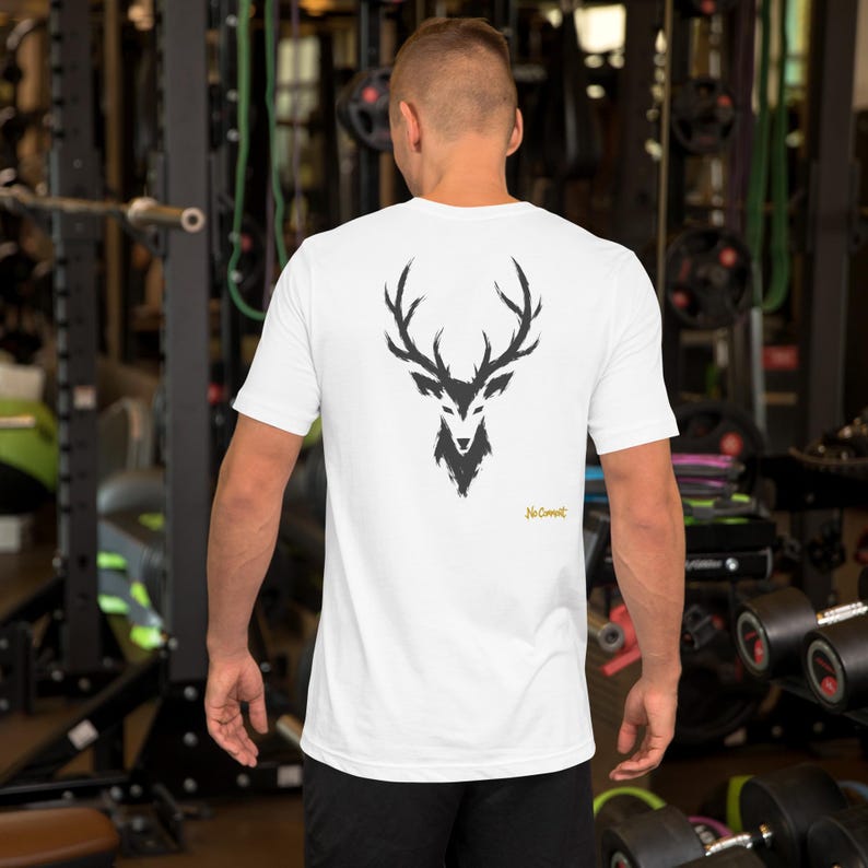 No Comment Stag T-Shirt - Abstract Animal Back Print, Gold Graffiti Tag, Minimalist White Unisex Tee