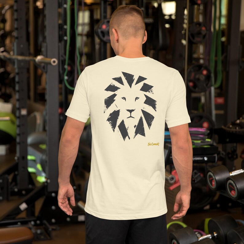 No Comment Lion Front T-Shirt - Abstract Animal Back Print, Gold Graffiti Tag, Minimalist White Unisex Tee