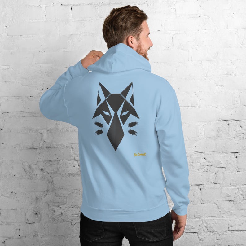 Abstract Wolf Hoodie, Minimalist Forest Wildlife Back Print, Gold Graffiti Chest Tag, Unisex Pullover – No Comment image 7