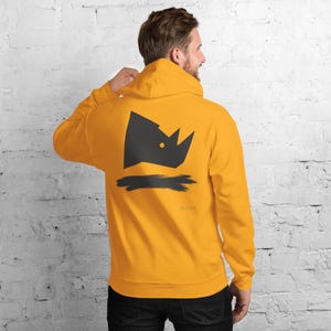 Abstract Rhino Side Profile Hoodie, Minimalist African Safari Back Print, Gold Graffiti Chest Tag, Unisex Pullover – No Comment image 5