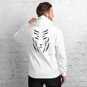 Abstract Tiger Hoodie, Minimalist Big Cat Back Print, Gold Graffiti Chest Tag, Unisex Pullover – No Comment image 1