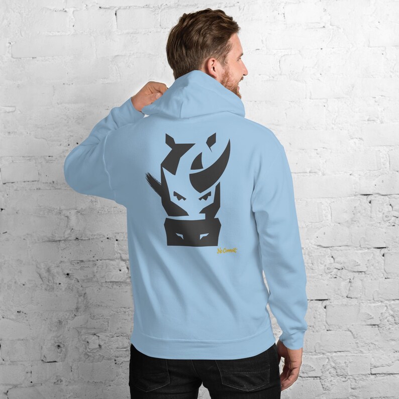 Abstract Rhino Front Face Hoodie, Minimalist African Safari Back Print, Gold Graffiti Chest Tag, Unisex Pullover – No Comment image 7