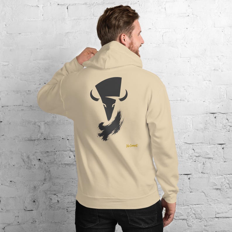 Abstract Bison Hoodie, Minimalist Prairie Wildlife Back Print, Gold Graffiti Chest Tag, Unisex Pullover – No Comment image 9