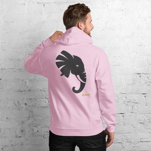 Abstract Elephant Side Profile Hoodie, Minimalist Safari Animal Back Print, Gold Graffiti Chest Tag, Unisex Pullover – No Comment image 10
