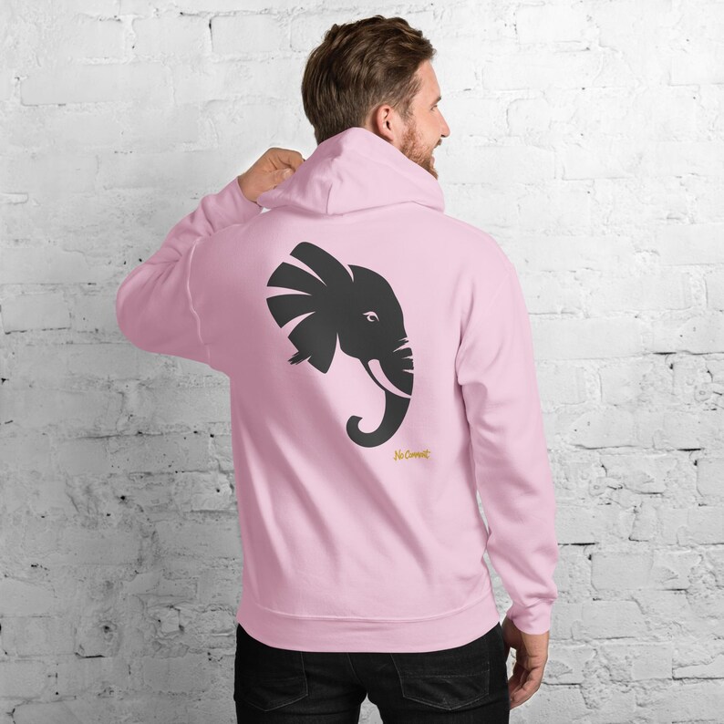 Abstract Elephant Side Profile Hoodie, Minimalist Safari Animal Back Print, Gold Graffiti Chest Tag, Unisex Pullover – No Comment image 10