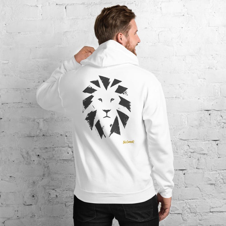 Bluza z kapturem z abstrakcyjnym motywem lwa z przodu, minimalistyczny nadruk z dużym kotem na plecach, złota metka z graffiti na piersi, bluza unisex – brak komentarza zdjęcie 2