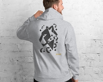 May include: A light gray hooded sweatshirt featuring a dark gray geometric panther head graphic on the back. The design includes scattered circular spots and the yellow text No Cosmic printed near the bottom right of the graphic.