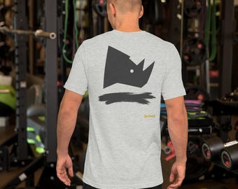 Abstract Rhino Side Profile T-Shirt, Minimalist African Safari Back Print, Gold Graffiti Tag, Unisex Graphic Top – No Comment