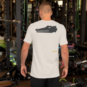 No Comment Crocodile T-Shirt - Abstract Animal Back Print, Gold Graffiti Tag, Minimalist White Unisex Tee