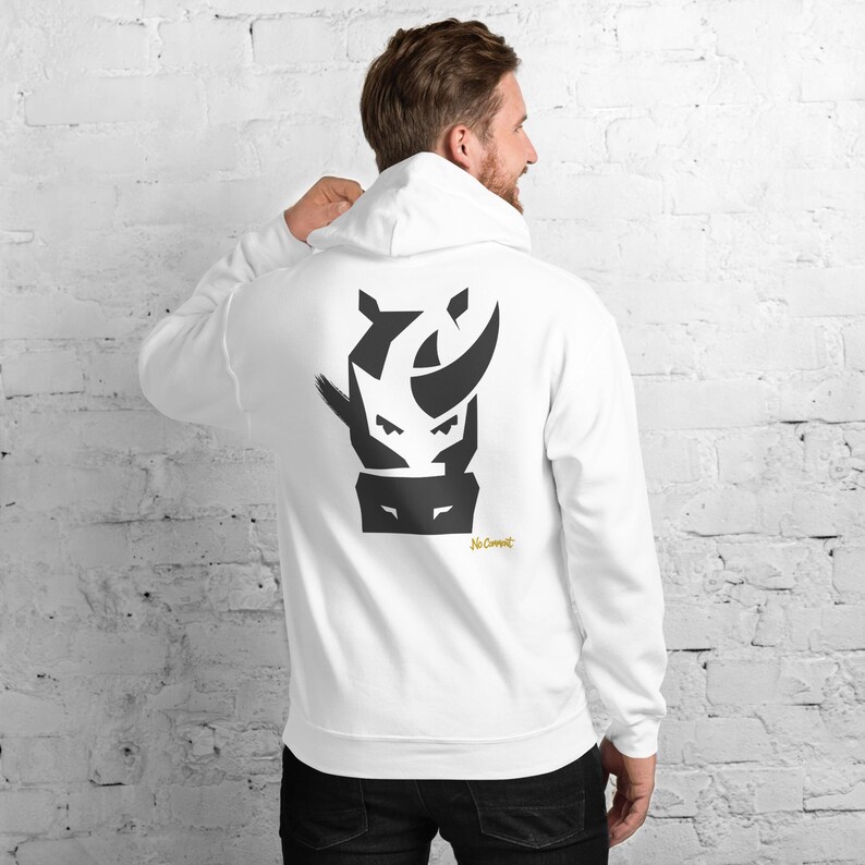 Abstract Rhino Front Face Hoodie, Minimalist African Safari Back Print, Gold Graffiti Chest Tag, Unisex Pullover – No Comment image 2