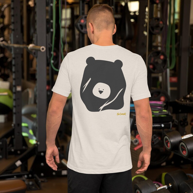 No Comment Grizzly Bear T-Shirt - Abstract Animal Back Print, Gold Graffiti Tag, Minimalist White Unisex Tee