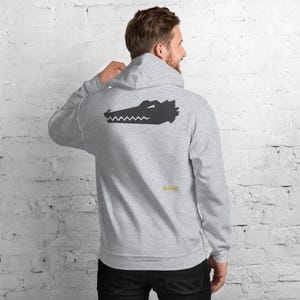Abstract Crocodile Hoodie, Minimalist Reptile Back Print, Gold Graffiti Chest Tag, Unisex Pullover – No Comment image 1