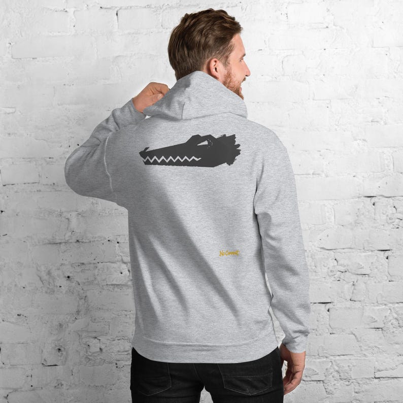 Abstract Crocodile Hoodie, Minimalist Reptile Back Print, Gold Graffiti Chest Tag, Unisex Pullover – No Comment image 1
