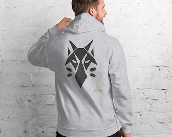 May include: A light gray hooded sweatshirt featuring a dark gray geometric wolf head graphic on the back. The design includes stylized markings below the wolf's face and the yellow text No Comment printed in a small font near the bottom right.