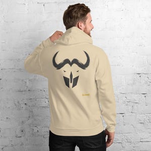Abstract Cape Buffalo Hoodie, Minimalist African Safari Back Print, Gold Graffiti Chest Tag, Unisex Pullover – No Comment image 9