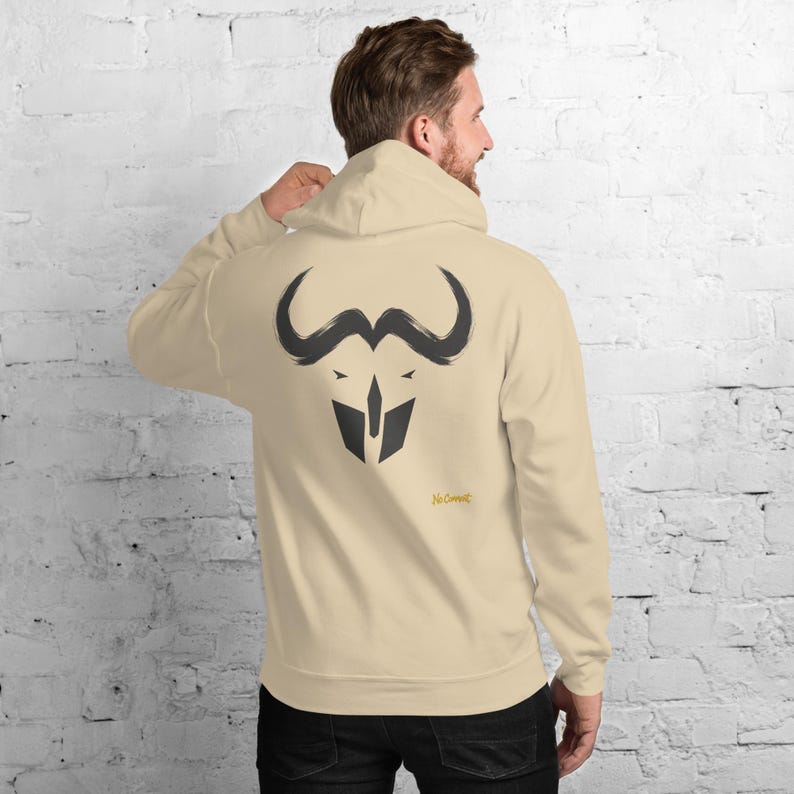Abstract Cape Buffalo Hoodie, Minimalist African Safari Back Print, Gold Graffiti Chest Tag, Unisex Pullover – No Comment image 9