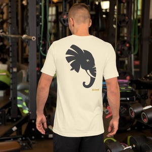 No Comment Elephant Side T-Shirt - Abstract Animal Back Print, Gold Graffiti Tag, Minimalist White Unisex Tee