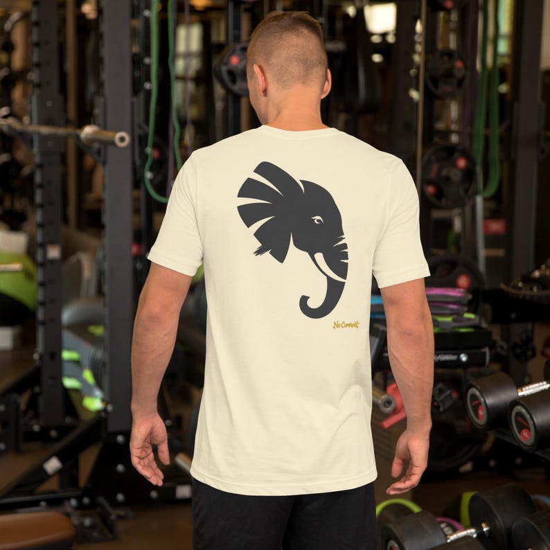 No Comment Elephant Side T-Shirt - Abstract Animal Back Print, Gold Graffiti Tag, Minimalist White Unisex Tee