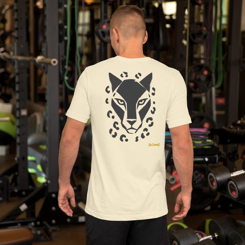 No Comment Leopard Front T-Shirt - Abstract Animal Back Print, Gold Graffiti Tag, Minimalist White Unisex Tee