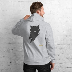 Abstract Black Panther Hoodie, Minimalist Big Cat Back Print, Gold Graffiti Chest Tag, Unisex Pullover – No Comment image 1