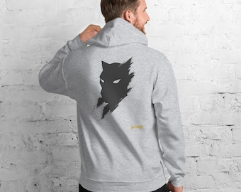 May include: A light gray hooded sweatshirt featuring a black graphic of a panther head on the back. The panther design has a distressed, brushstroke effect. Below the graphic, the text No Comment is printed in a small yellow font.