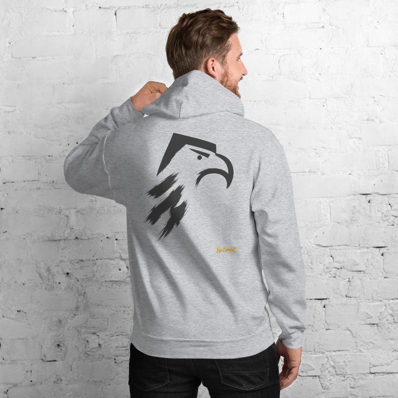 Abstract Eagle Hoodie, Minimalist Bird of Prey Back Print, Gold Graffiti Chest Tag, Unisex Pullover – No Comment image 1