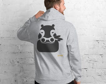 May include: A light gray hooded sweatshirt featuring a dark gray graphic of a stylized hippopotamus head on the back. The hippo design includes white circular eye details and a small yellow text logo reading No Comment positioned below the graphic.
