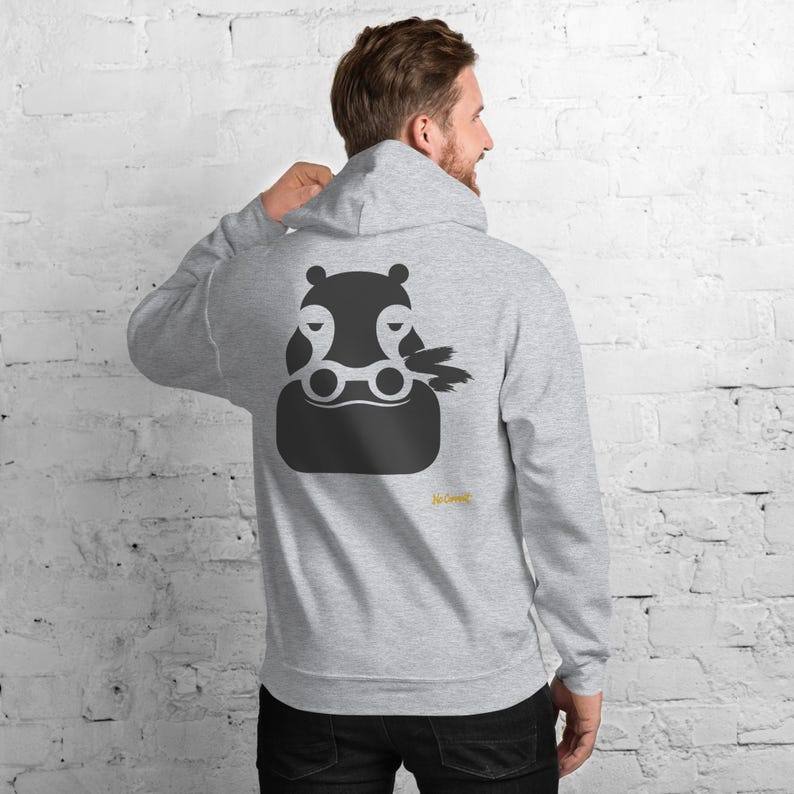 No Comment Hippo Hoodie - Abstract Animal Back Print, Gold Graffiti Tag, Minimalist White Unisex Hoodie