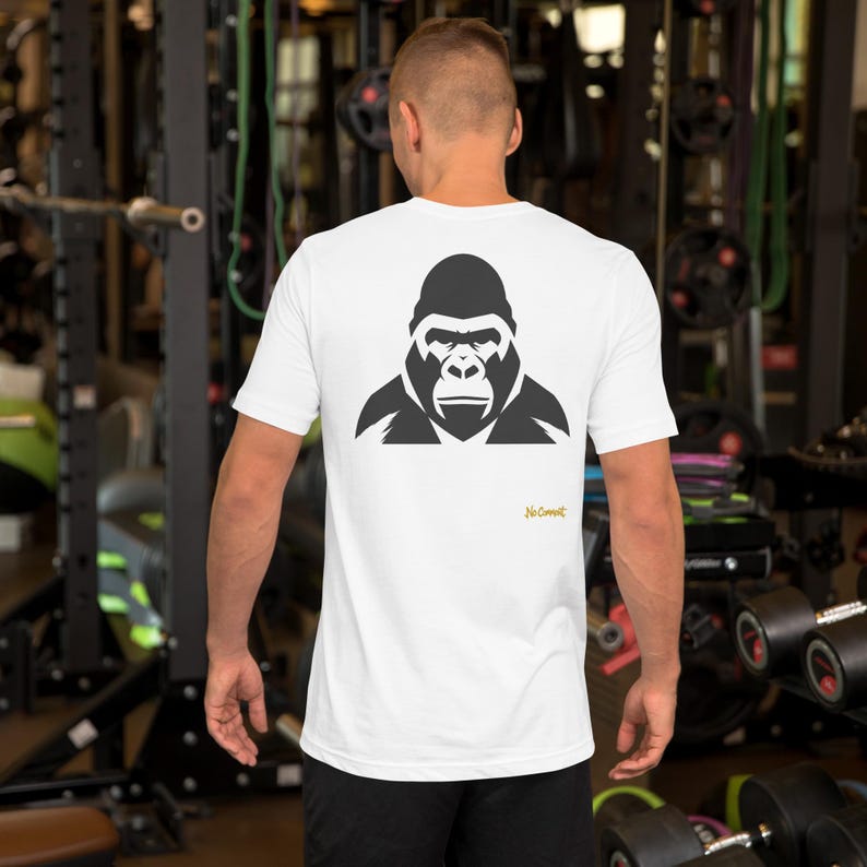 No Comment Gorilla T-Shirt - Abstract Animal Back Print, Gold Graffiti Tag, Minimalist White Unisex Tee