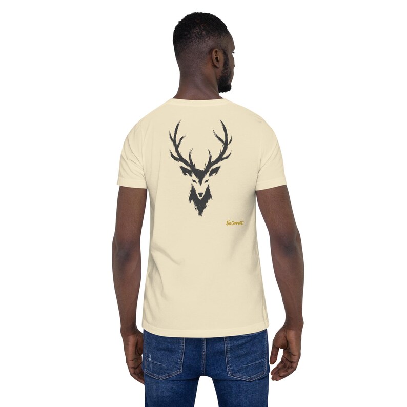 No Comment Stag T-Shirt - Abstract Animal Back Print, Gold Graffiti Tag, Minimalist White Unisex Tee