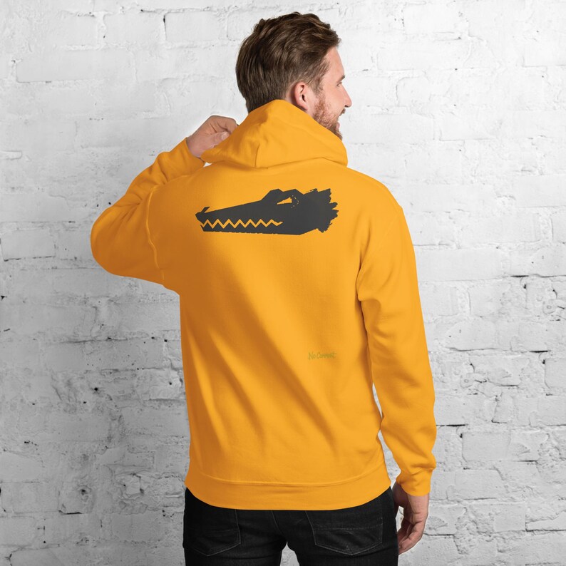 Abstract Crocodile Hoodie, Minimalist Reptile Back Print, Gold Graffiti Chest Tag, Unisex Pullover – No Comment image 5