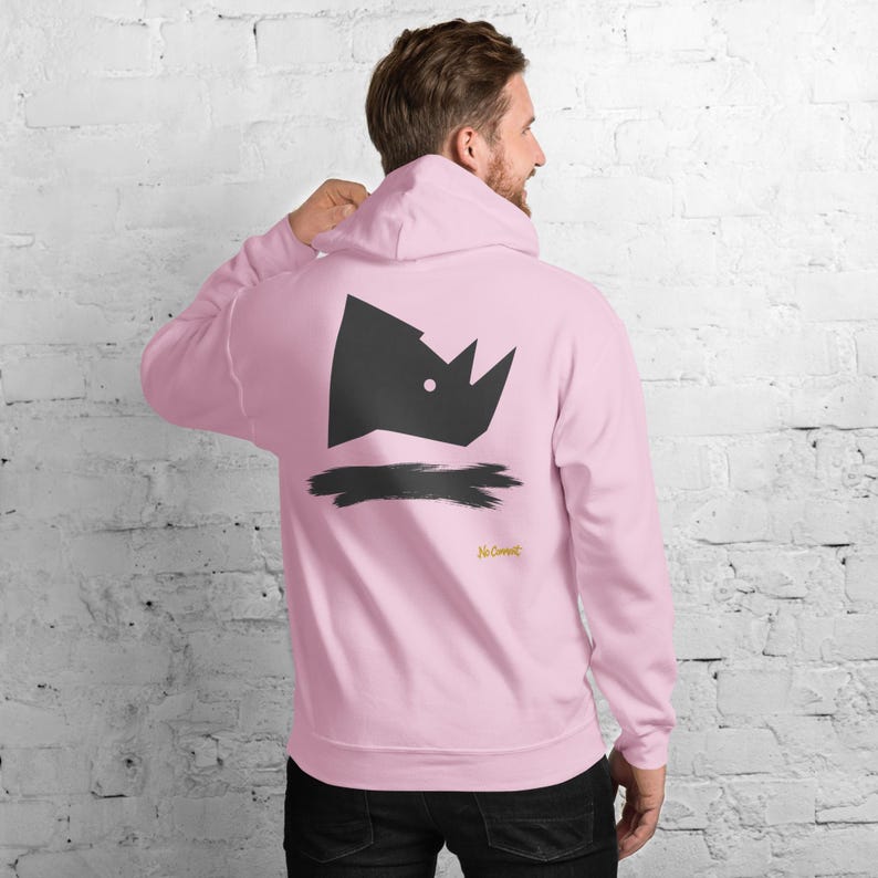 Abstract Rhino Side Profile Hoodie, Minimalist African Safari Back Print, Gold Graffiti Chest Tag, Unisex Pullover – No Comment image 10