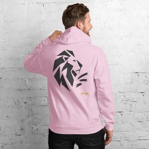Abstract Lion Side Profile Hoodie, Minimalist Big Cat Back Print, Gold Graffiti Chest Tag, Unisex Pullover – No Comment image 10