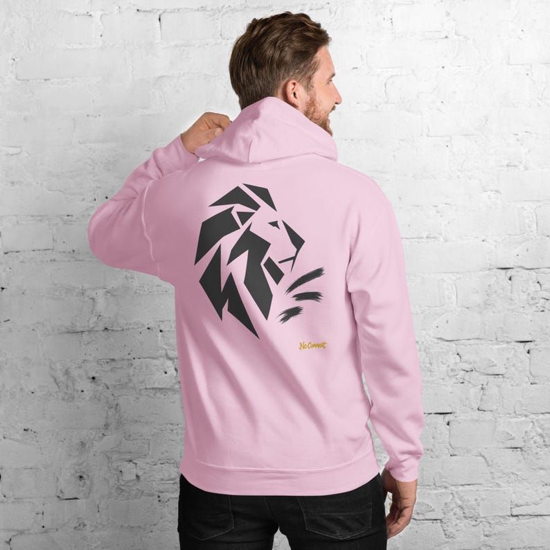 Abstract Lion Side Profile Hoodie, Minimalist Big Cat Back Print, Gold Graffiti Chest Tag, Unisex Pullover – No Comment image 10