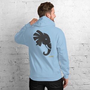 Abstract Elephant Side Profile Hoodie, Minimalist Safari Animal Back Print, Gold Graffiti Chest Tag, Unisex Pullover – No Comment image 7