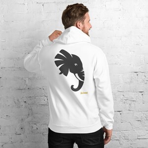 Abstract Elephant Side Profile Hoodie, Minimalist Safari Animal Back Print, Gold Graffiti Chest Tag, Unisex Pullover – No Comment image 2
