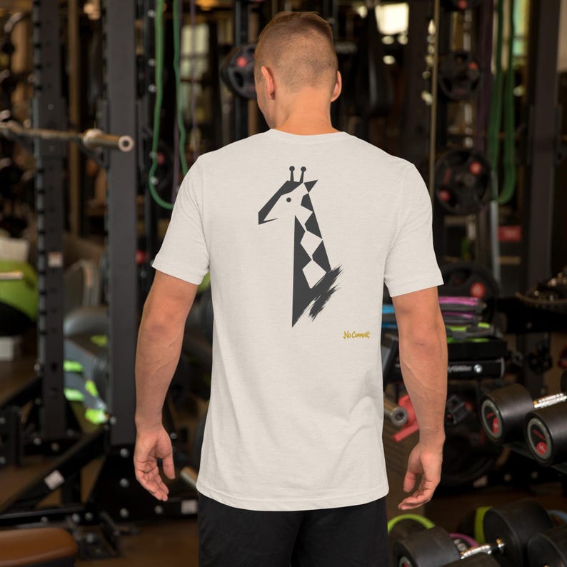 No Comment Giraffe T-Shirt - Abstract Animal Back Print, Gold Graffiti Tag, Minimalist White Unisex Tee