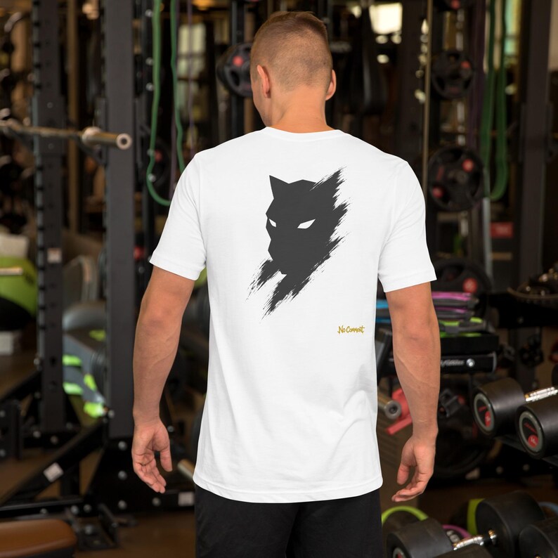 No Comment Black Panther T-Shirt - Abstract Animal Back Print, Gold Graffiti Tag, Minimalist White Unisex Tee