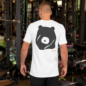 No Comment Grizzly Bear T-Shirt - Abstract Animal Back Print, Gold Graffiti Tag, Minimalist White Unisex Tee