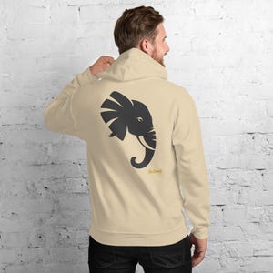 Abstract Elephant Side Profile Hoodie, Minimalist Safari Animal Back Print, Gold Graffiti Chest Tag, Unisex Pullover – No Comment image 9