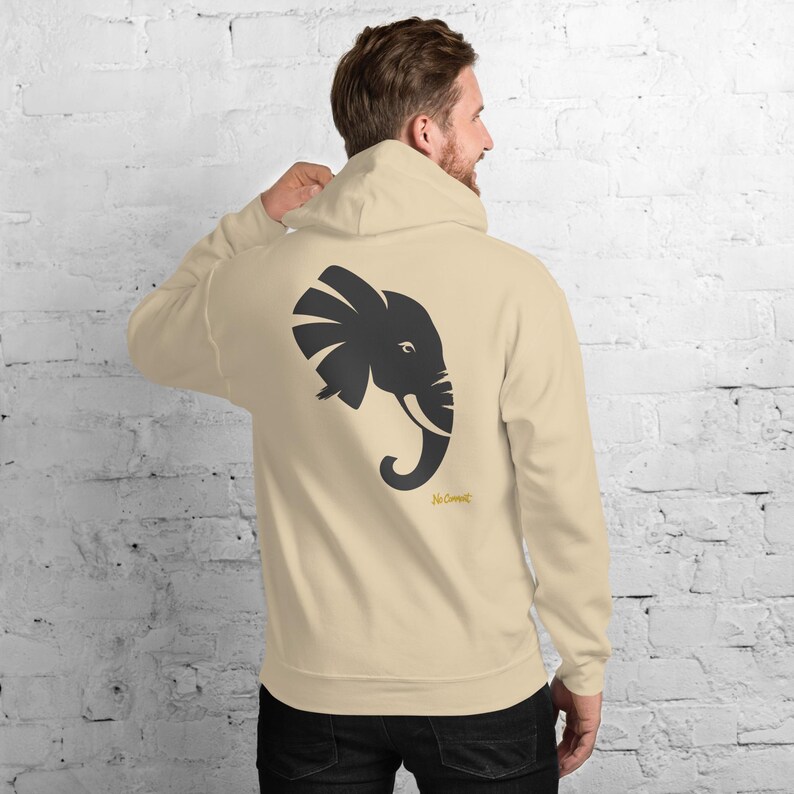 Abstract Elephant Side Profile Hoodie, Minimalist Safari Animal Back Print, Gold Graffiti Chest Tag, Unisex Pullover – No Comment image 9