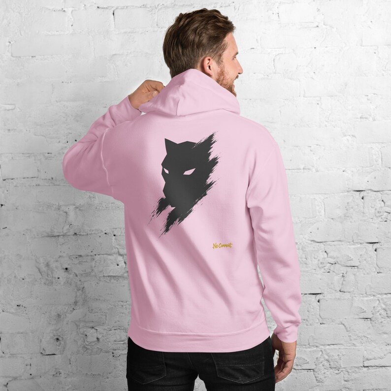 Abstract Black Panther Hoodie, Minimalist Big Cat Back Print, Gold Graffiti Chest Tag, Unisex Pullover – No Comment image 10