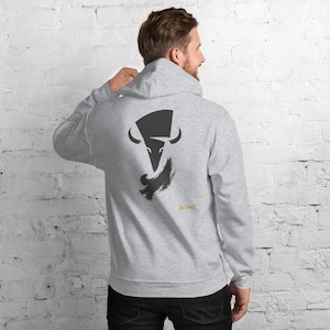 Abstract Bison Hoodie, Minimalist Prairie Wildlife Back Print, Gold Graffiti Chest Tag, Unisex Pullover – No Comment image 1