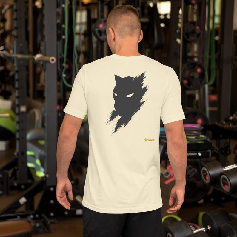 No Comment Black Panther T-Shirt - Abstract Animal Back Print, Gold Graffiti Tag, Minimalist White Unisex Tee